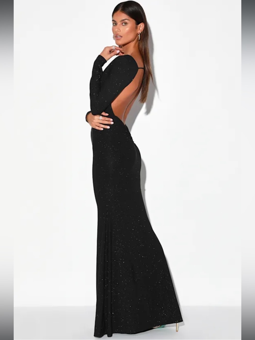 NWT- Glamorous In Glitter Black Long Sleeve Backless Maxi Dress